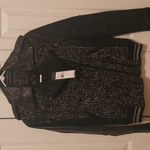 BCBG Black Leather Serena Tweed Moto Jacket